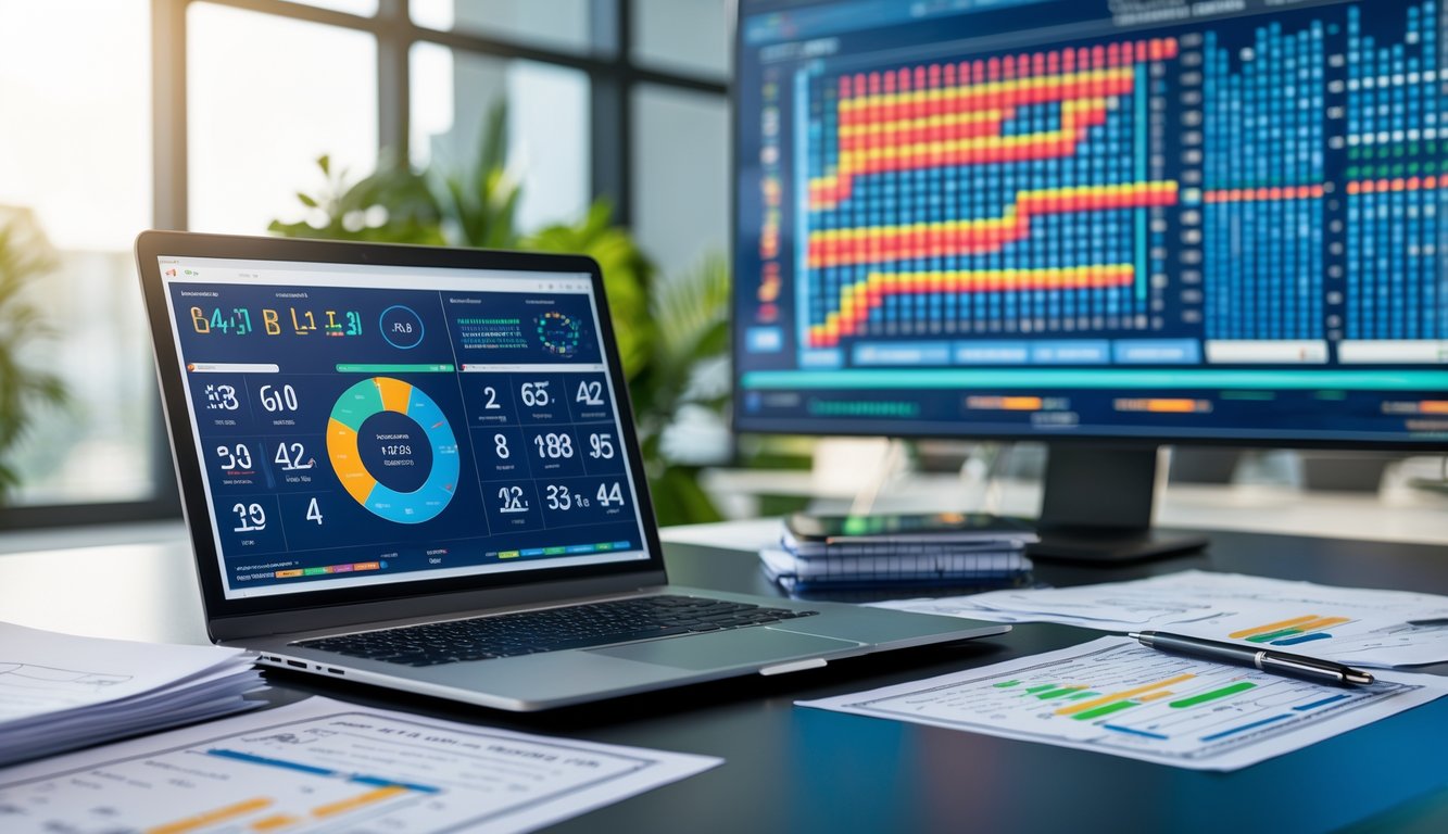 Suasana kantor modern dengan meja dan laptop yang menampilkan grafik dan data angka, serta layar besar di belakang yang menunjukkan grafik dan angka terkait prediksi.