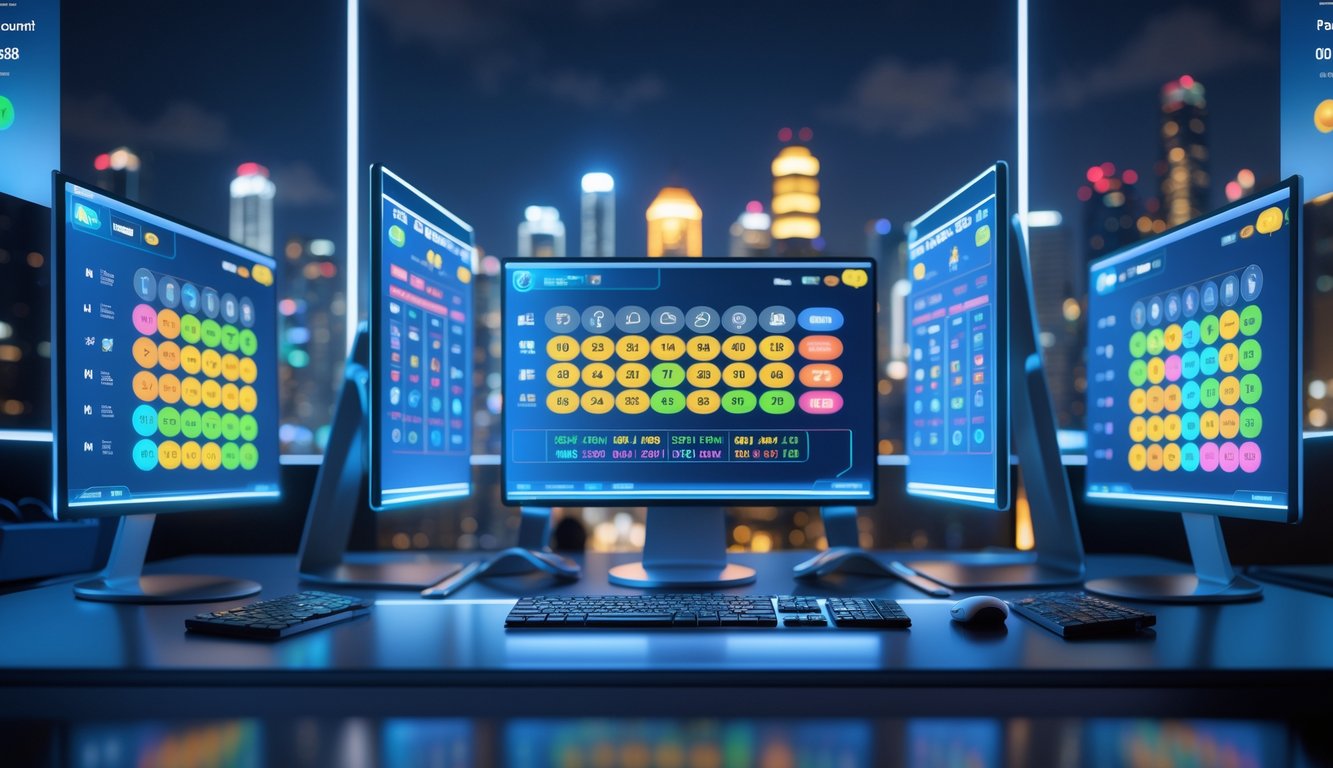 Tampilan komputer modern dengan layar transparan menampilkan angka lotre dan grafik, latar belakang kota di malam hari dengan lampu yang bersinar.