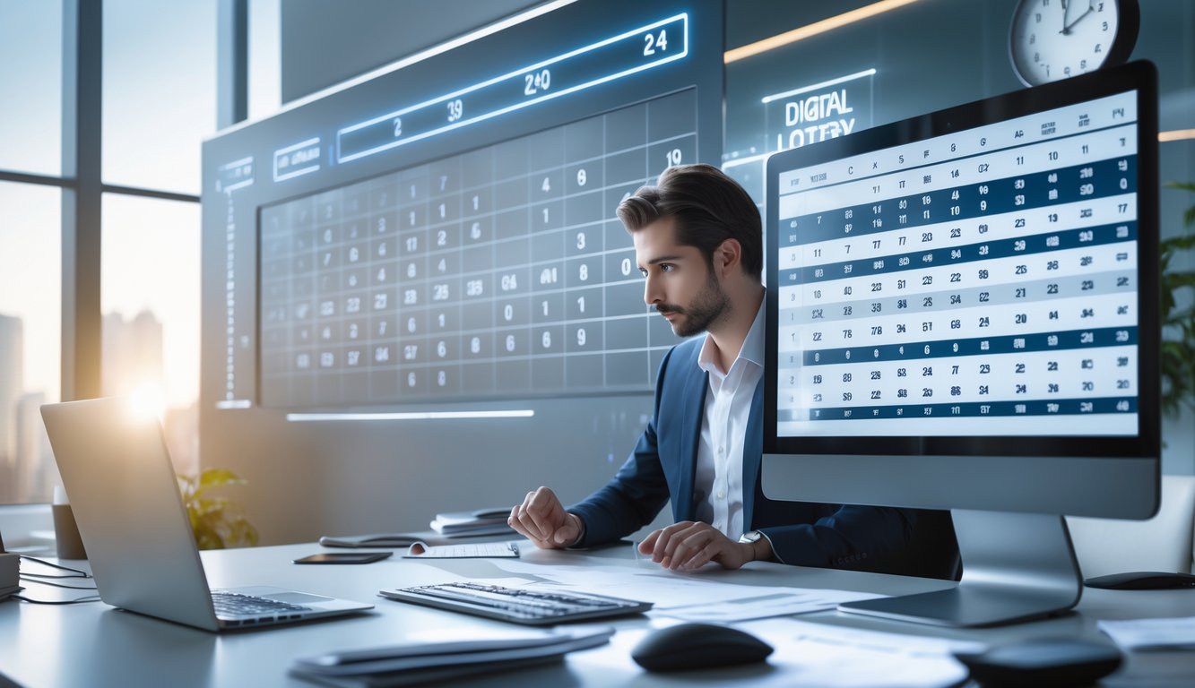 Seorang profesional sedang bekerja di depan komputer dengan tampilan angka dan grafik, di ruang kantor yang terang dan rapi.
