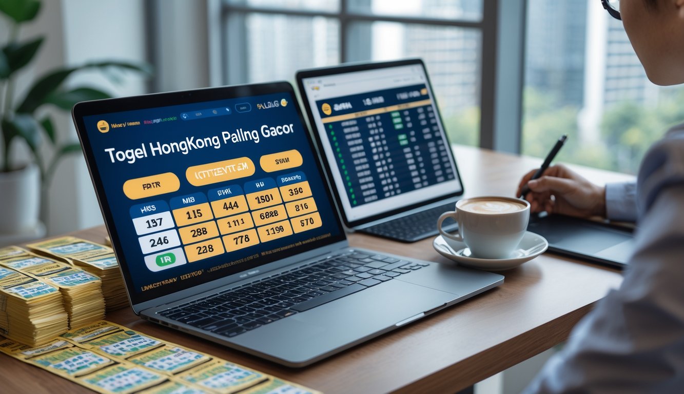 Seorang pria sedang menganalisis data lotre Hongkong di meja kerja dengan laptop, tiket lotre, dan kopi di sekitarnya.