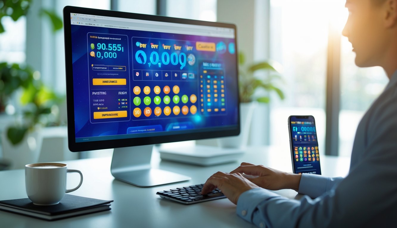 Seorang pria sedang menggunakan komputer di meja kerja dengan tampilan situs lotere online di layar, dikelilingi oleh peralatan kantor seperti cangkir kopi dan ponsel.