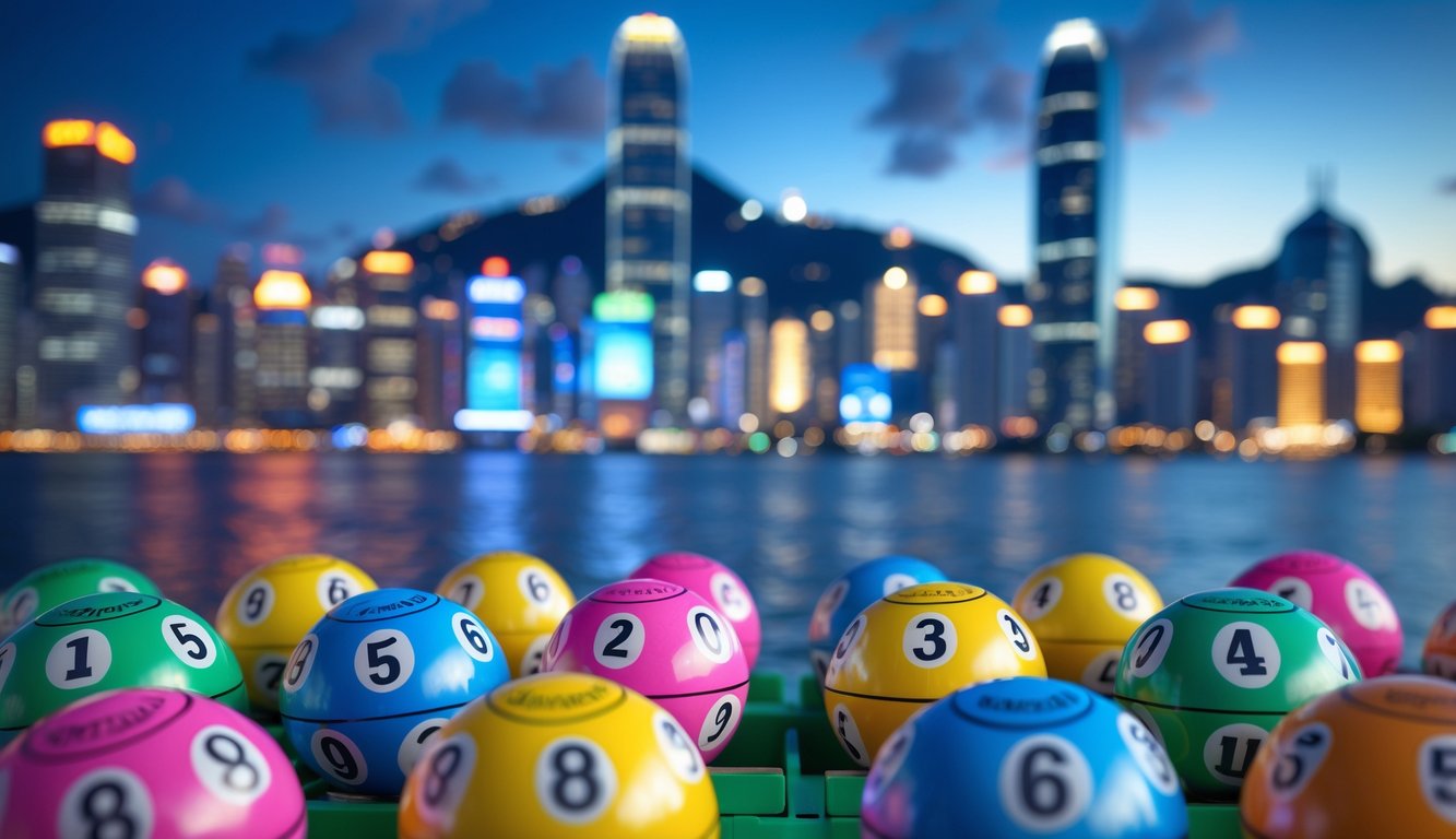 Bola lotere berwarna-warni dengan latar belakang pemandangan kota Hong Kong yang modern dan terang pada waktu senja.