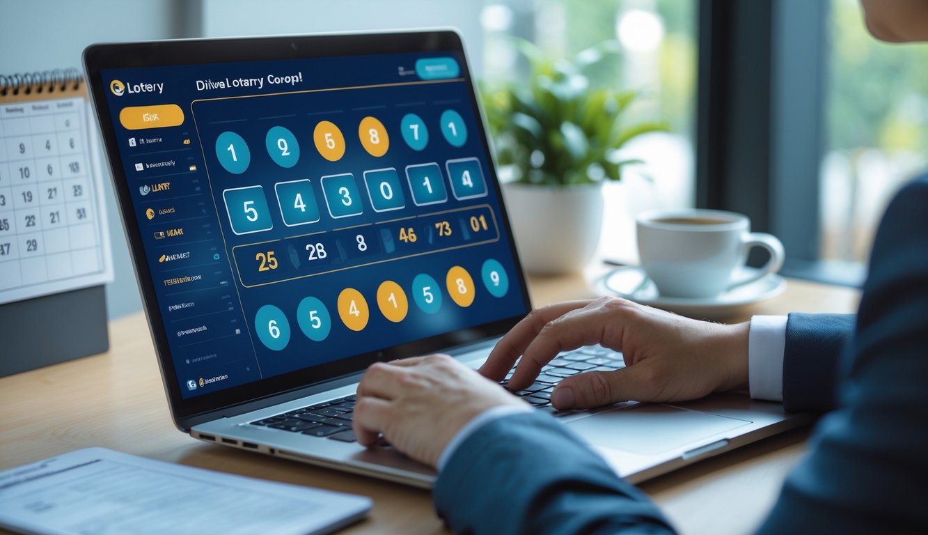 Seseorang menggunakan laptop di meja kerja dengan tampilan antarmuka lotere digital dan suasana ruangan yang terang.