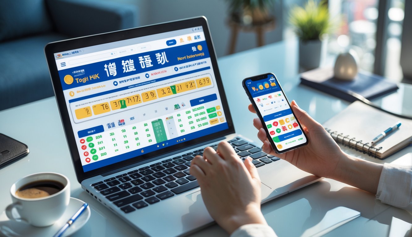 Seseorang menggunakan laptop dan ponsel di meja kerja untuk bermain togel online dengan suasana terang dan rapi.