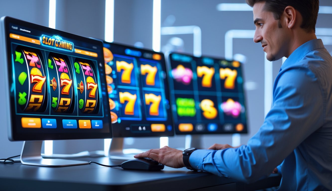 Seorang pria duduk di depan komputer dengan layar menampilkan permainan slot online berwarna-warni di ruang kerja modern.