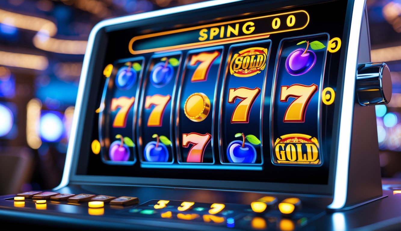 Layar mesin slot digital berwarna-warni dengan simbol buah dan angka tujuh yang berputar di latar kasino yang terang dan ramai.