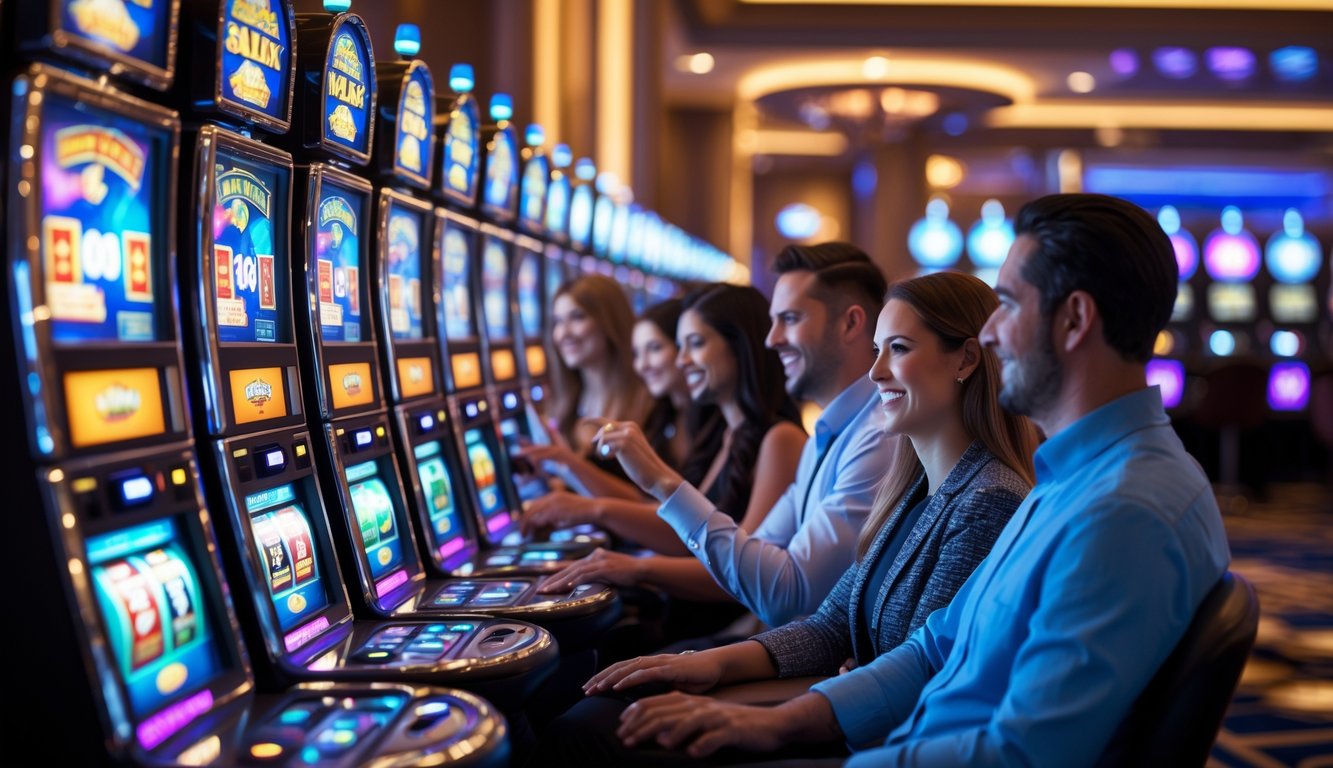 Orang-orang bermain mesin slot berwarna cerah di dalam kasino dengan suasana mewah dan lampu yang menyala.