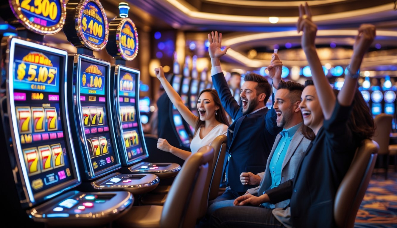 Orang-orang bermain mesin slot di kasino dengan suasana meriah dan lampu warna-warni, merayakan kemenangan besar.