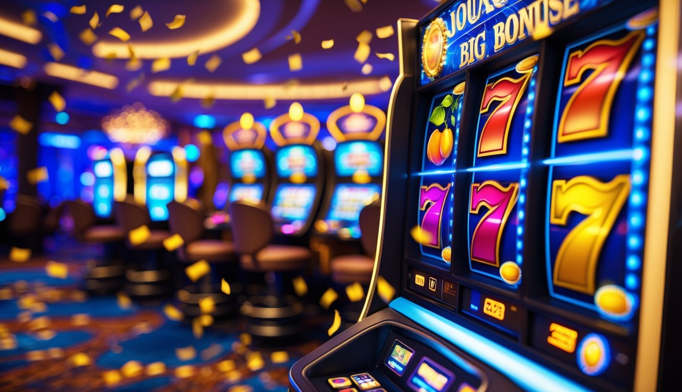 Mesin slot modern dengan gulungan berwarna-warni yang berputar di dalam kasino yang mewah dan ramai.