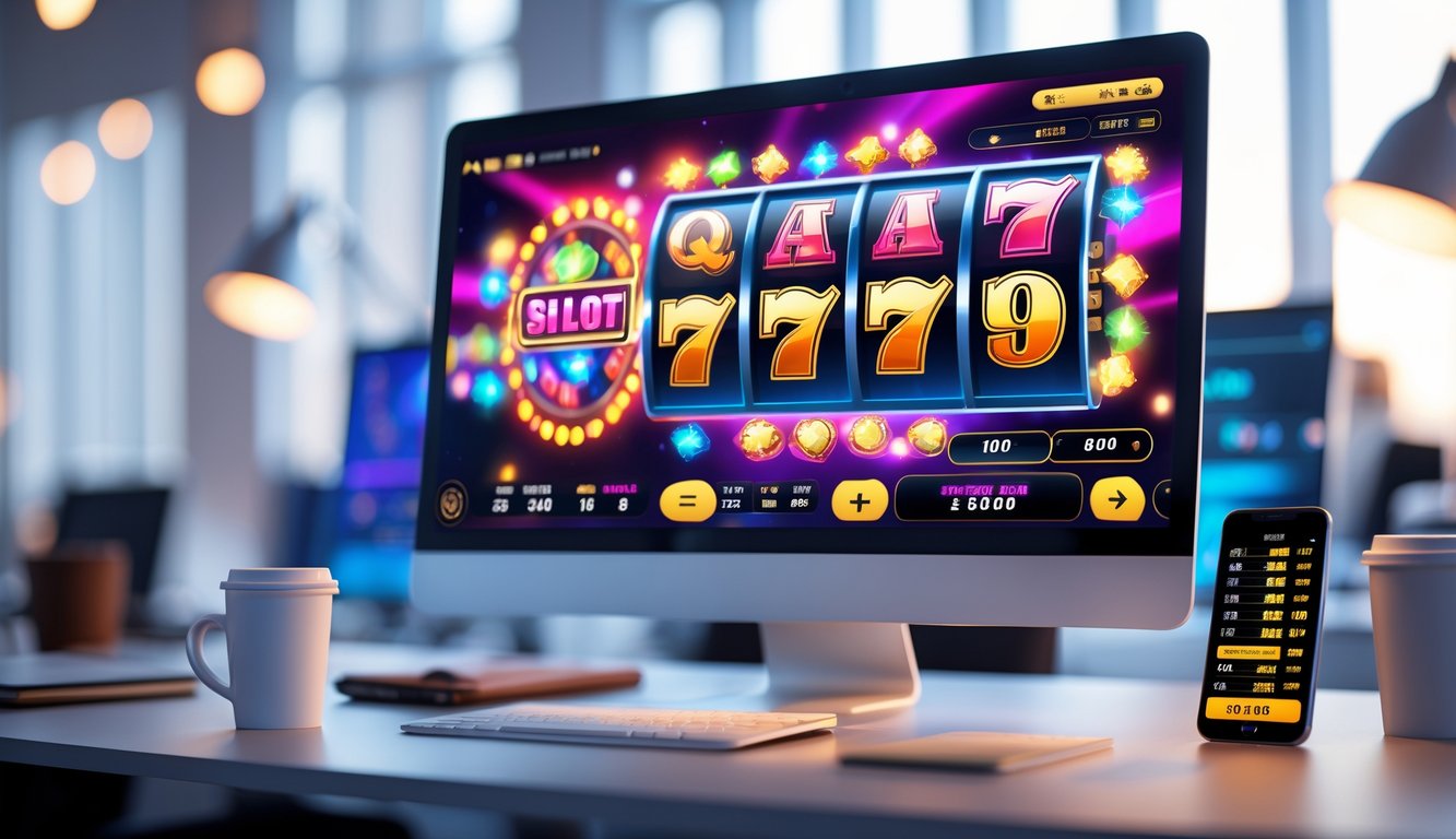 Antarmuka kasino online modern dengan mesin slot berwarna cerah di layar komputer di ruang kantor yang terang.
