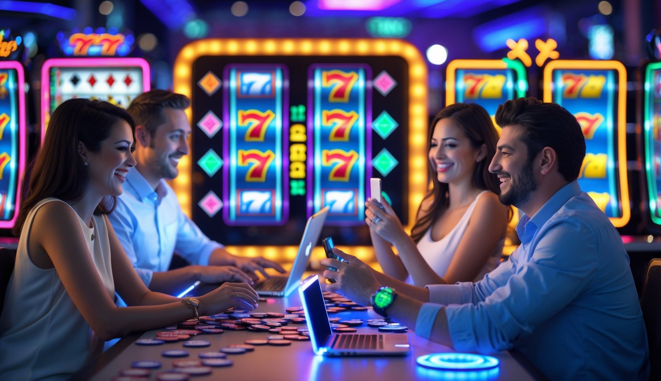 Orang-orang bermain permainan slot online di laptop dan ponsel dalam suasana kasino modern yang cerah dan ramai.