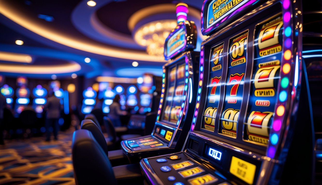 Mesin slot yang menyala dengan koin jatuh dan suasana kasino yang ramai di latar belakang.