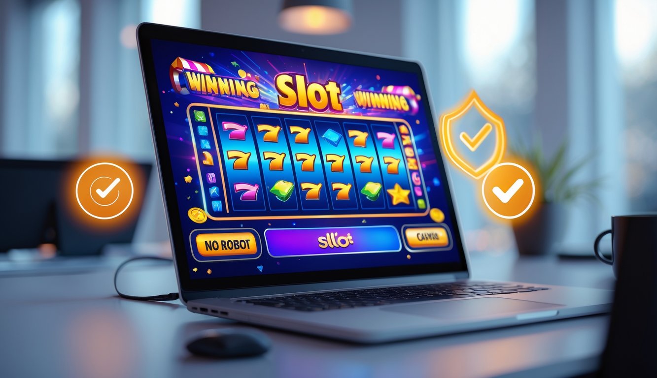 Tampilan komputer dengan permainan slot online berwarna cerah di layar, di ruang kerja modern yang rapi.