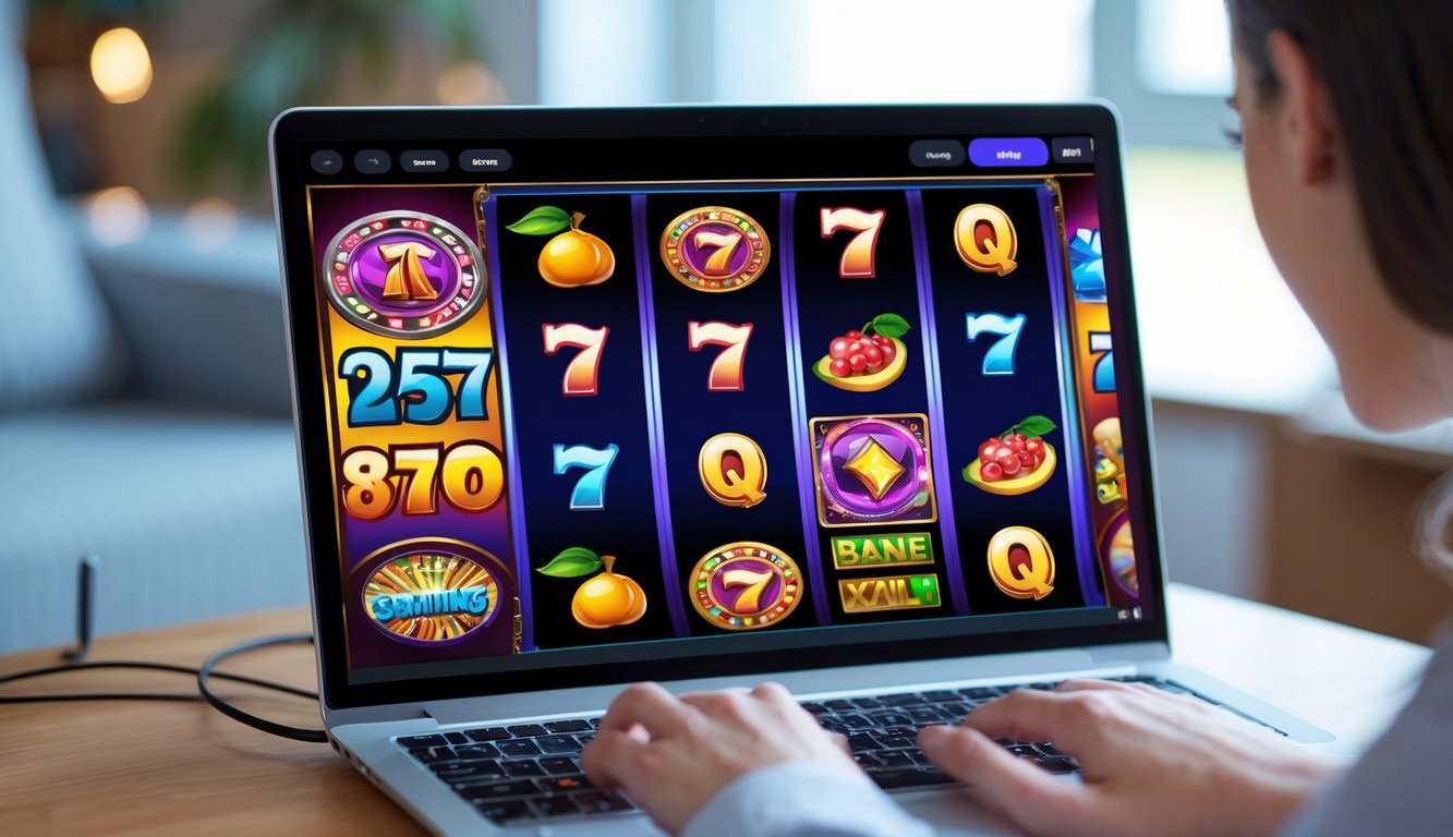 Seseorang menggunakan komputer dengan tampilan permainan mesin slot yang berwarna-warni di layar.