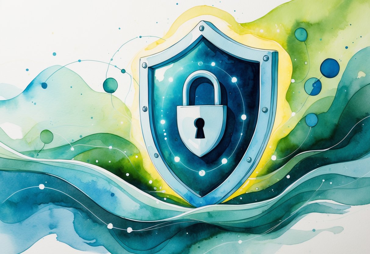 A glowing shield with a lock symbol surrounded by abstract waves and network patterns representing digital security and protection.
