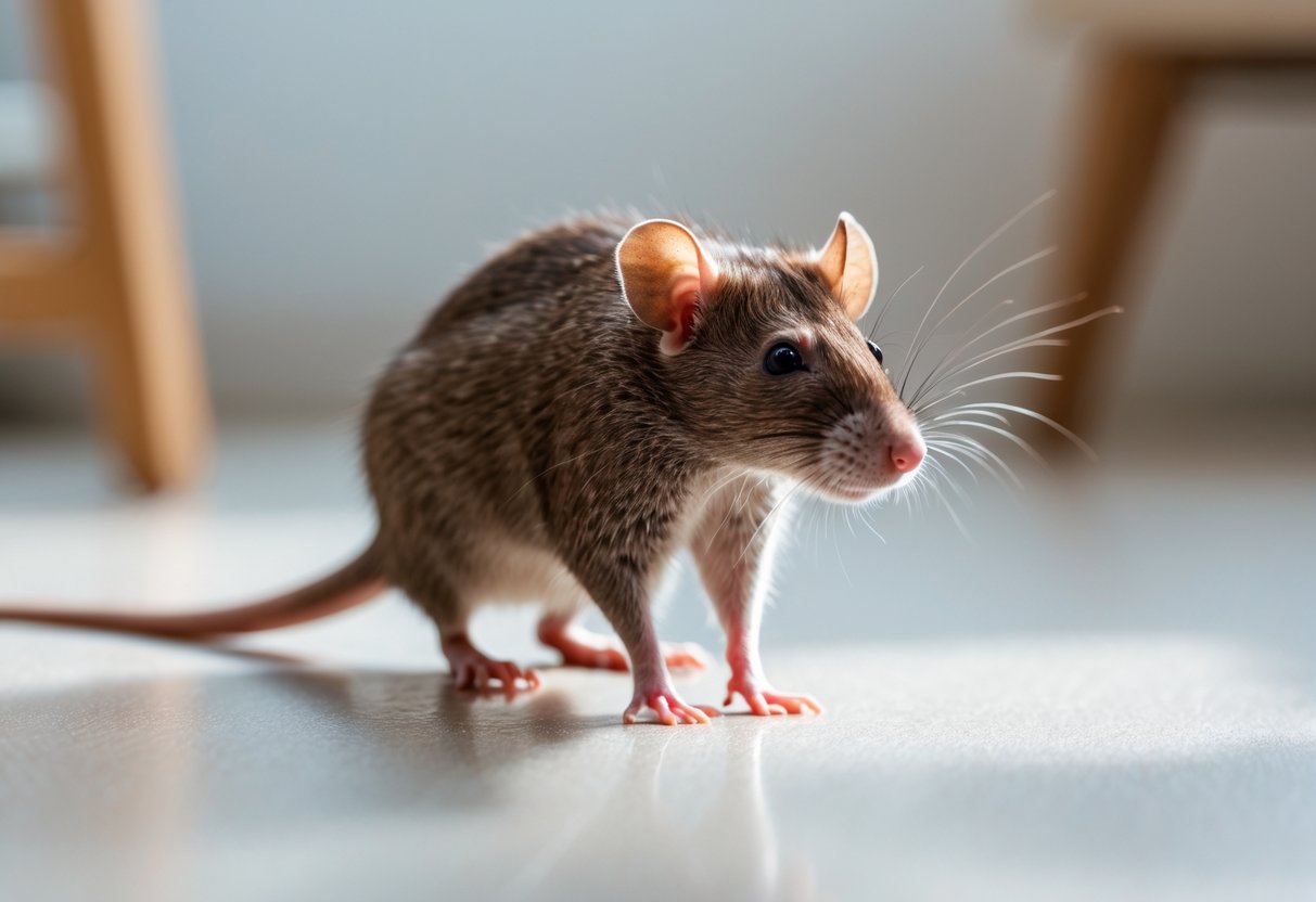 A brown rat standing alert on a light surface with a blurred home background.
