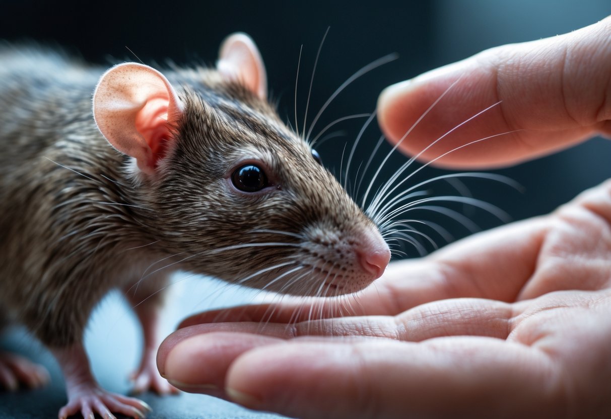 A rat closely sniffing a human hand, showing interaction between them.