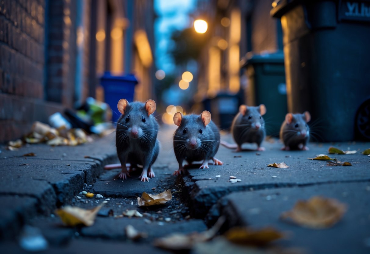 A few rats cautiously emerging from cracks near trash bins in a dimly lit urban alleyway at dusk.