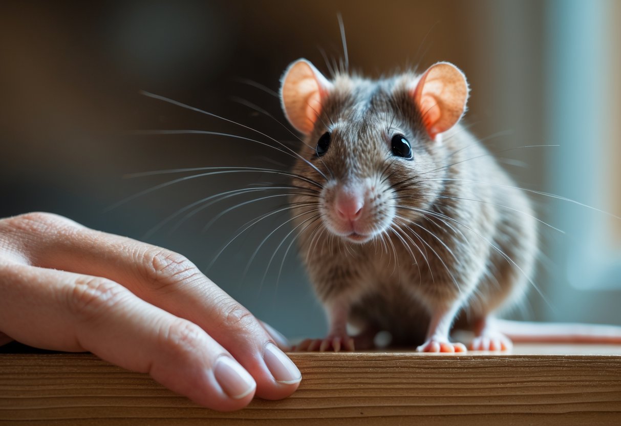 A close-up of a rat looking at a nearby human hand in a softly lit indoor setting.