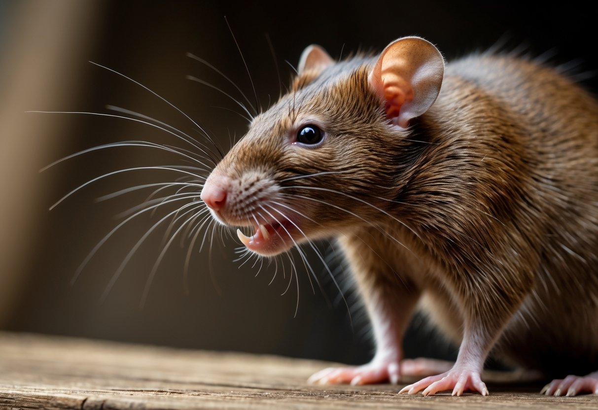 Close-up of a brown rat standing on a wooden surface with its mouth slightly open, looking alert.