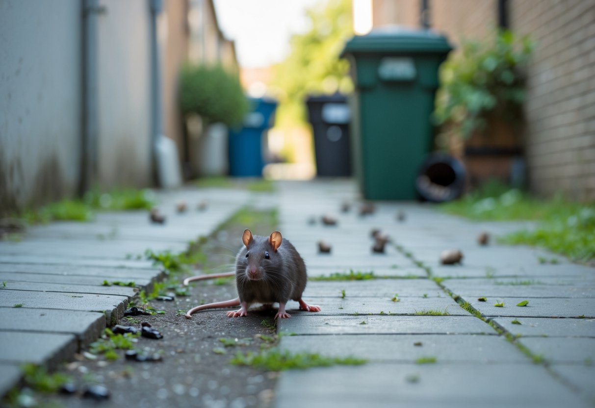 An empty urban alleyway with subtle signs of rats like small droppings and gnawed materials on the ground.