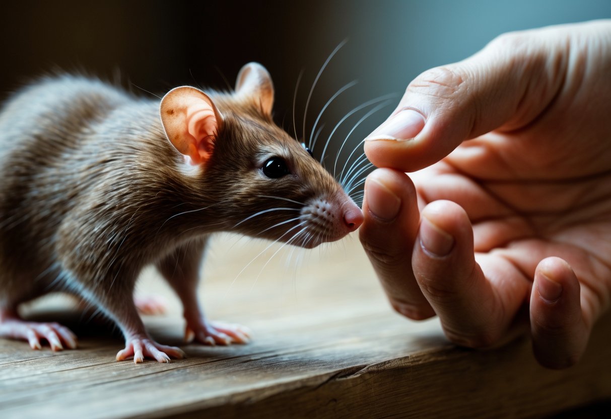 A brown rat cautiously approaches a human hand resting on a wooden surface, with the hand slightly withdrawn.