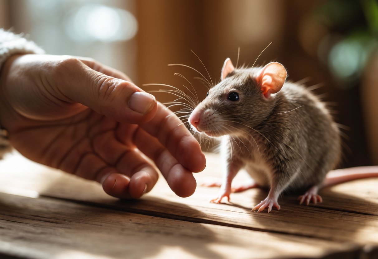 A human hand gently reaching out to a calm rat sitting on a wooden table indoors.