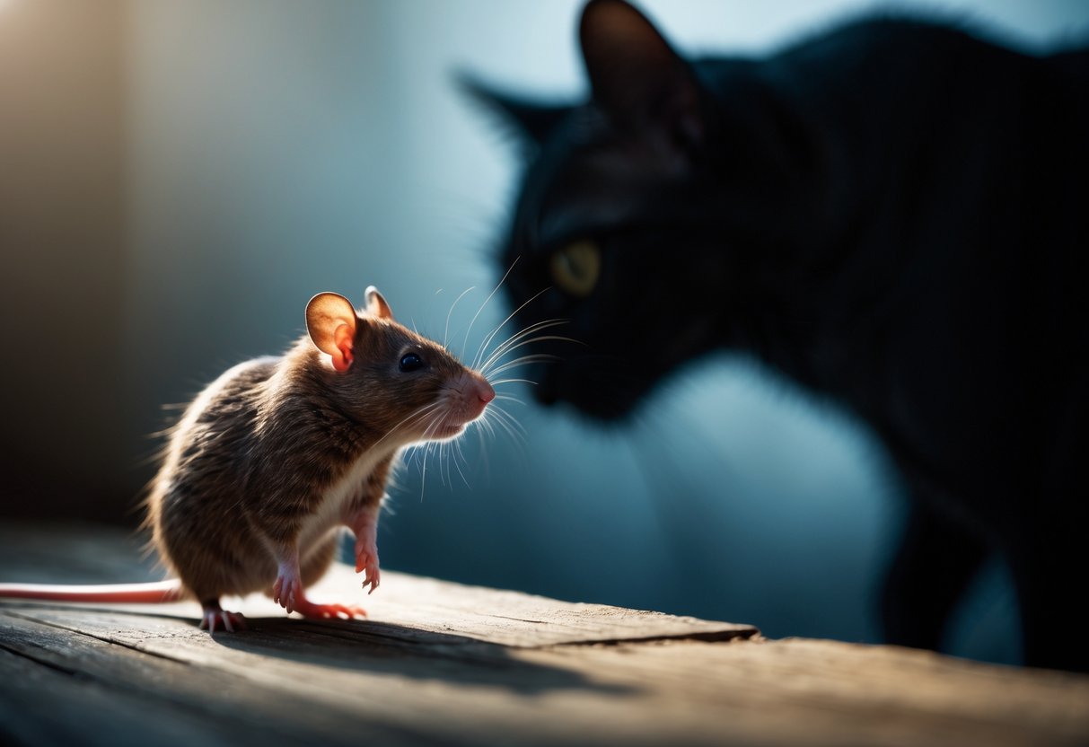 A small brown rat standing on a wooden floor looking nervously at a large cat shadow nearby.