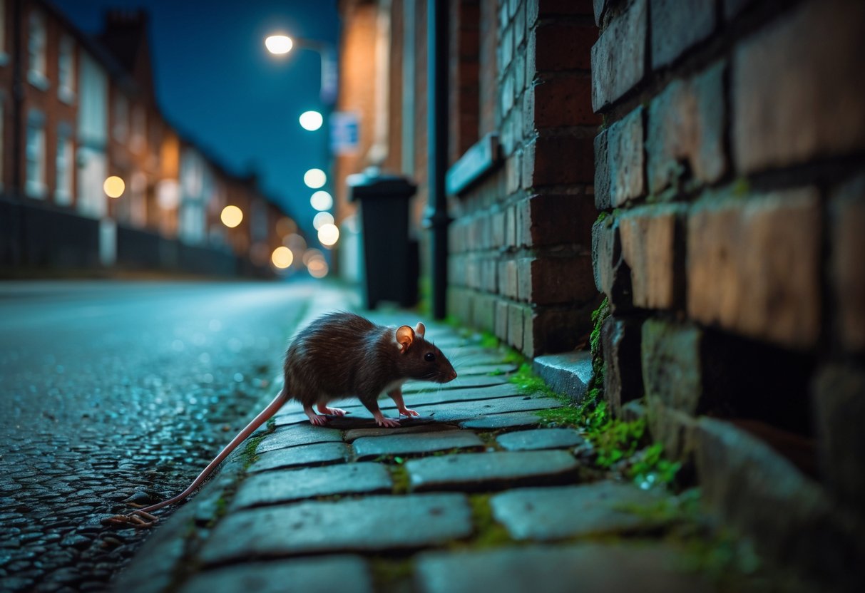 A small brown rat emerging from a gap near a building on a quiet UK street at night under streetlights.