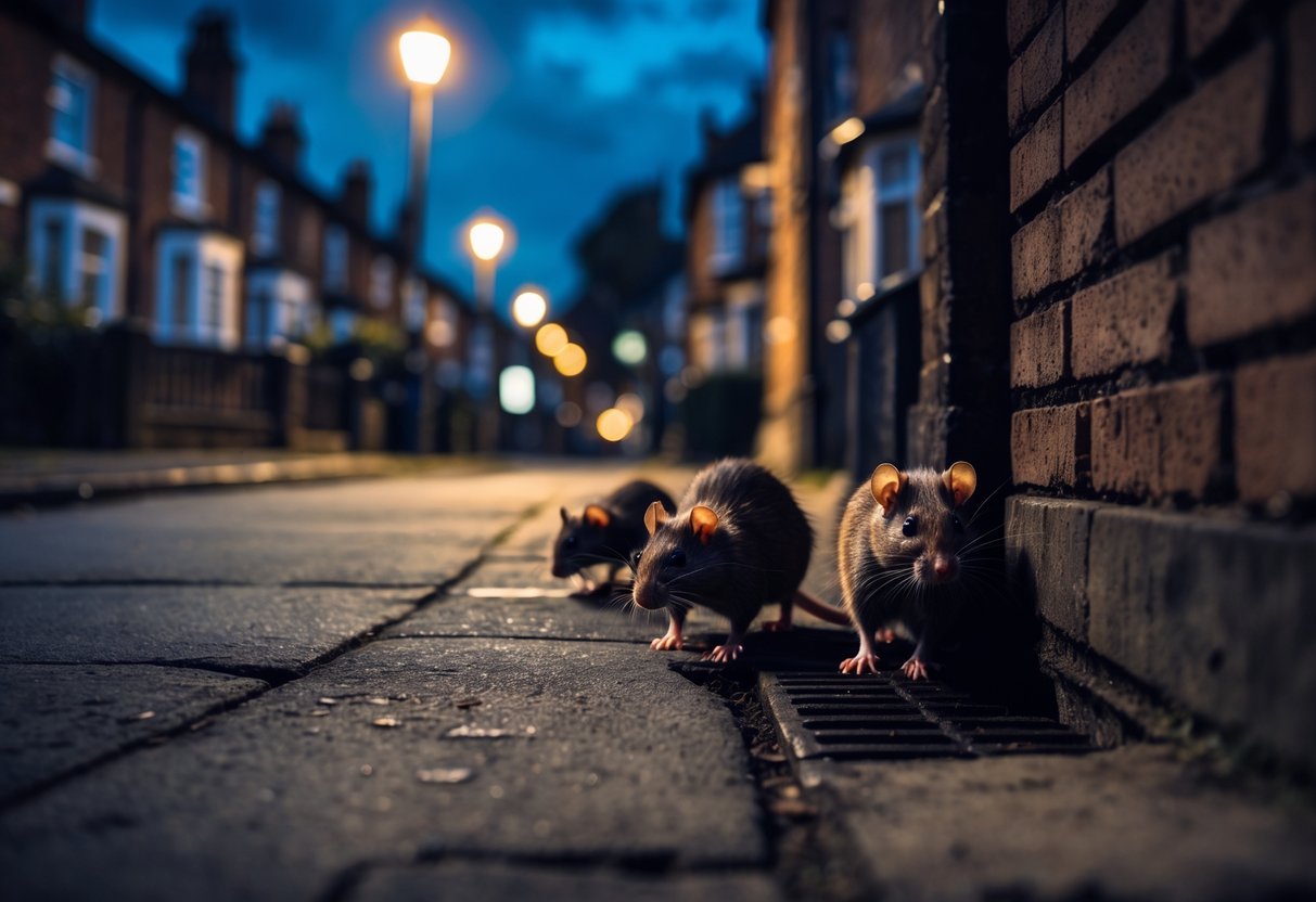 A quiet UK residential street at night with rats emerging from a hole near a brick wall under streetlamp light.