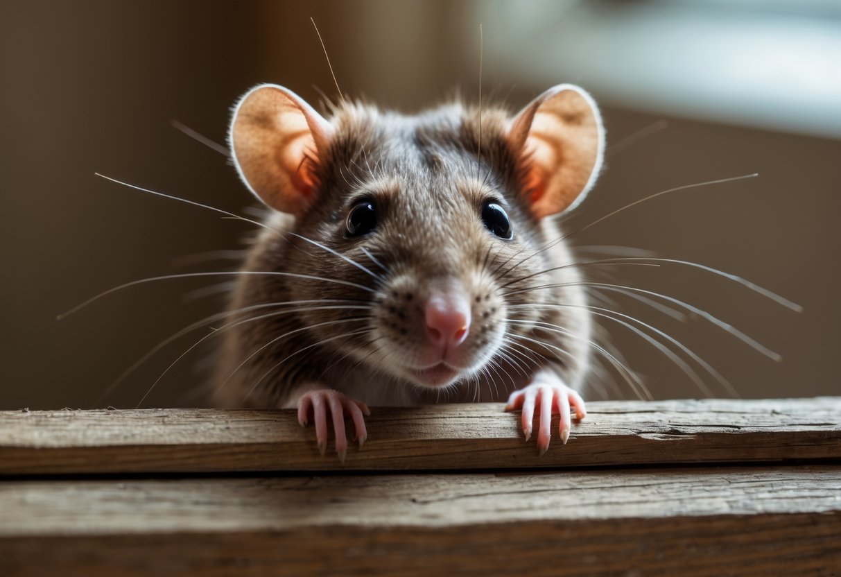A brown rat peeking out from behind a wooden surface, looking intently forward.