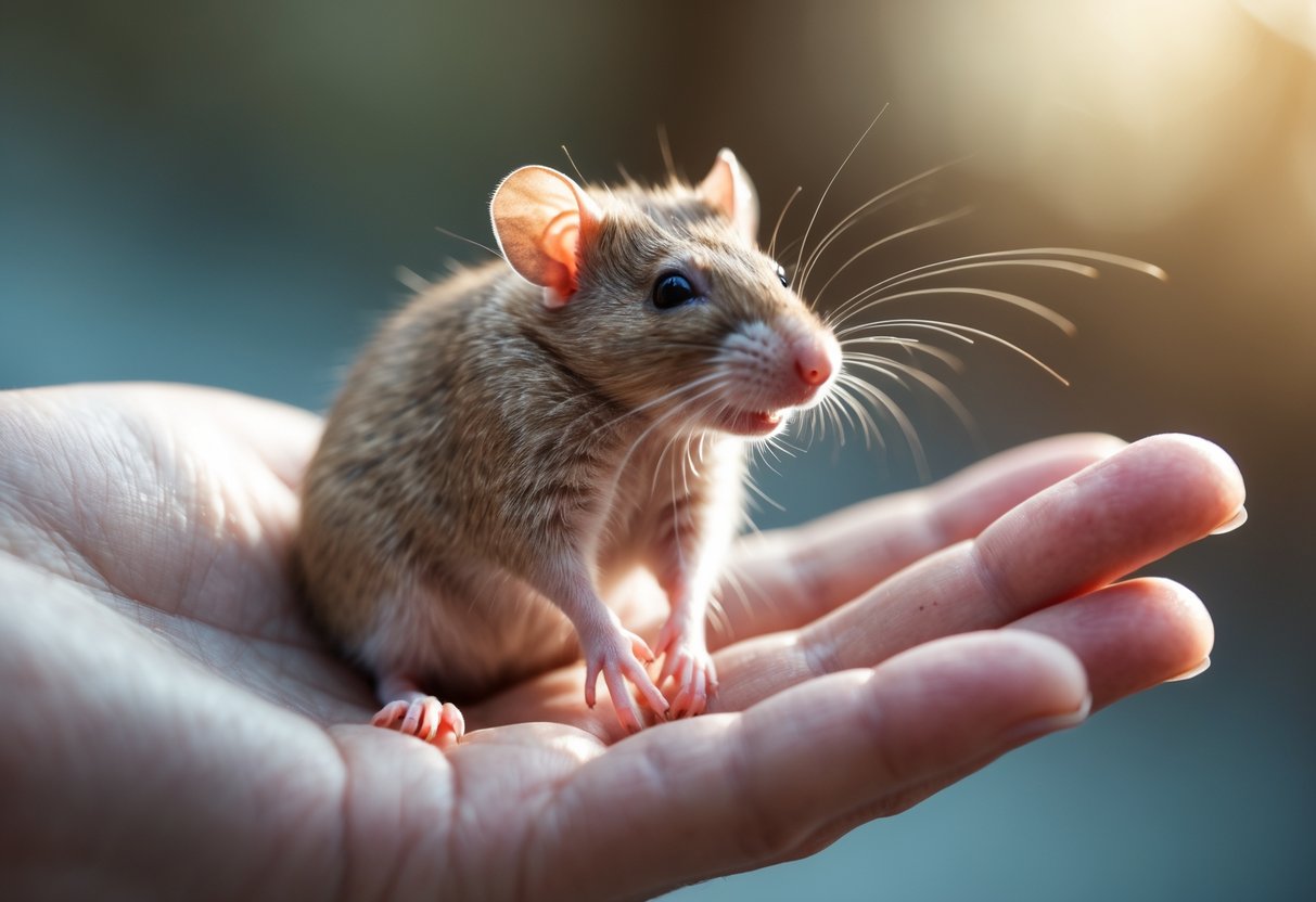 A person gently tickling a small rat sitting on their hand, with the rat showing a playful expression.