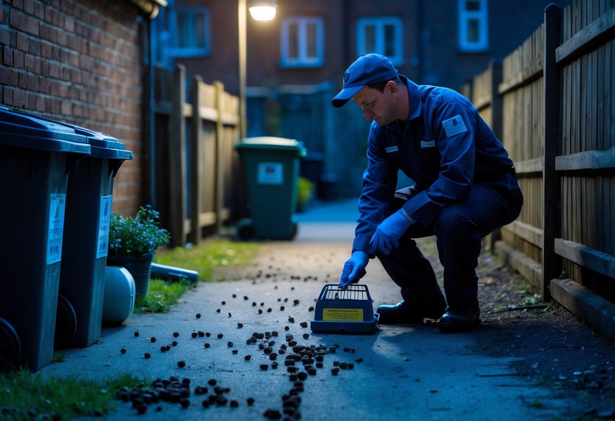 A pest control worker setting traps at night in a UK residential alley showing signs of rat activity like droppings and gnawed packaging.