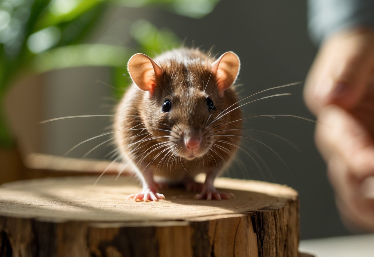 A brown rat sitting on a wooden surface looking toward a blurred human figure in the background.