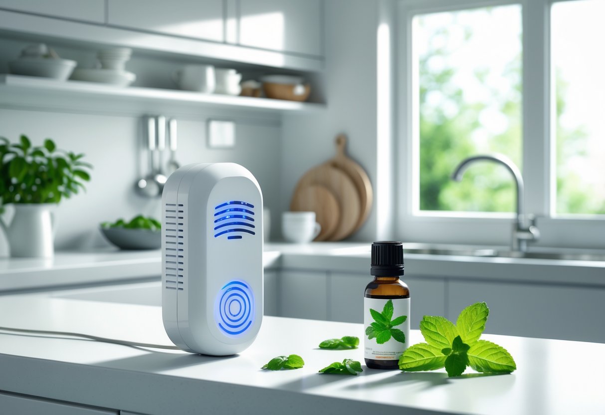 A clean kitchen countertop with a plugged-in ultrasonic pest repeller, a container of peppermint oil, and fresh mint leaves, showing a tidy environment that repels rats.