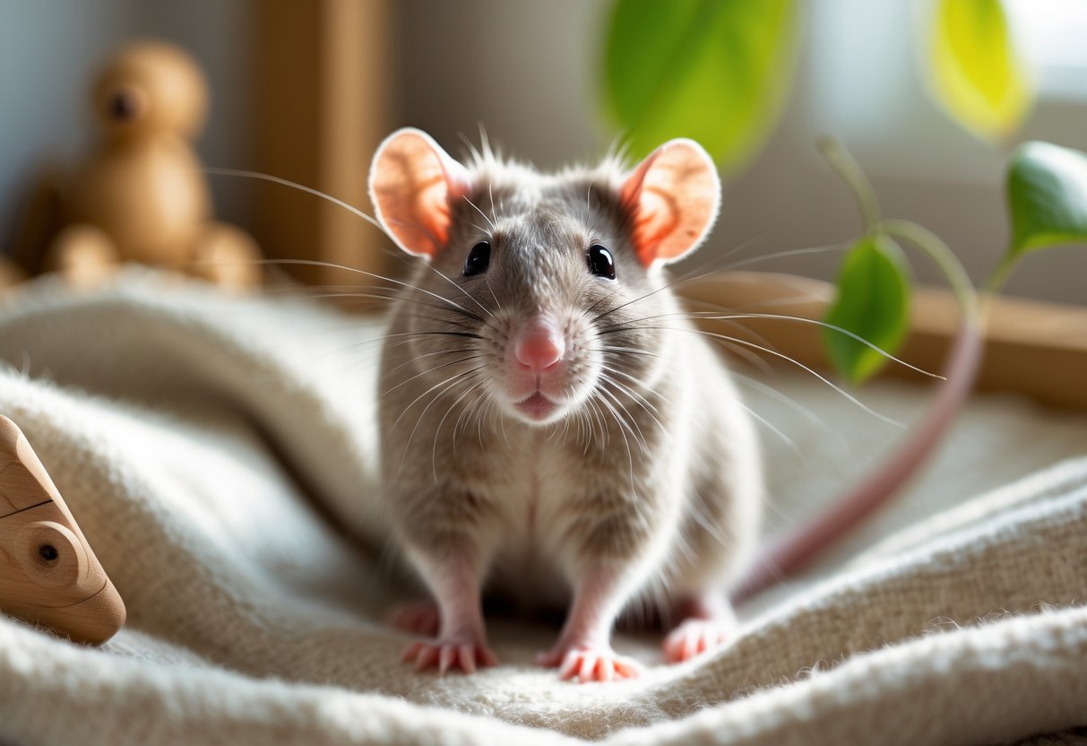 A happy pet rat sitting on a soft surface in a warm indoor setting with a relaxed expression.