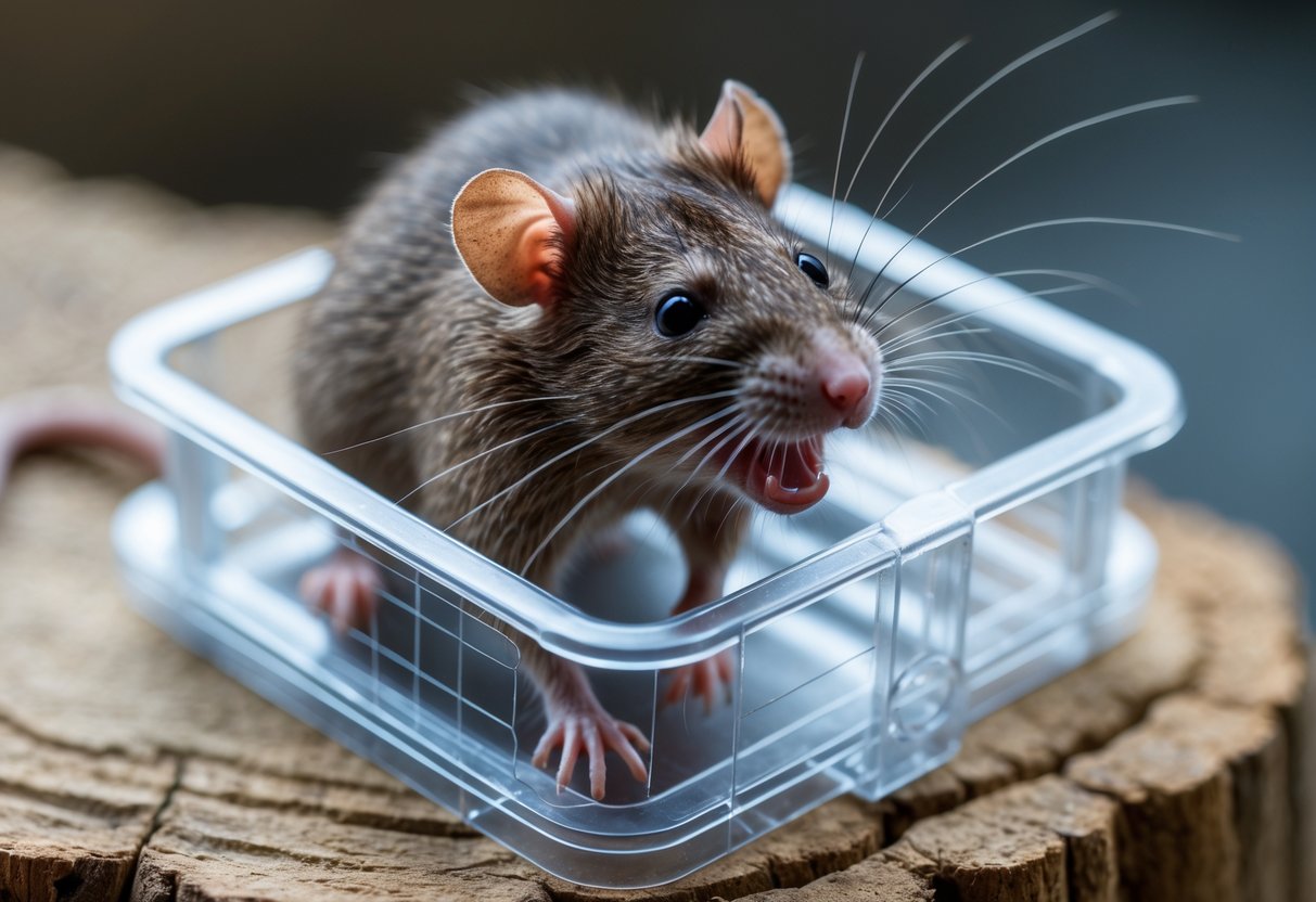 A small brown rat caught in a clear live trap, appearing distressed with its mouth open.