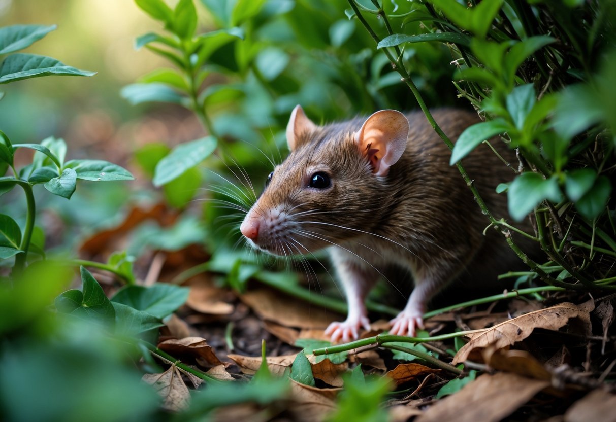 A brown rat partially hidden among green plants and fallen leaves, peeking out cautiously in a natural outdoor setting.