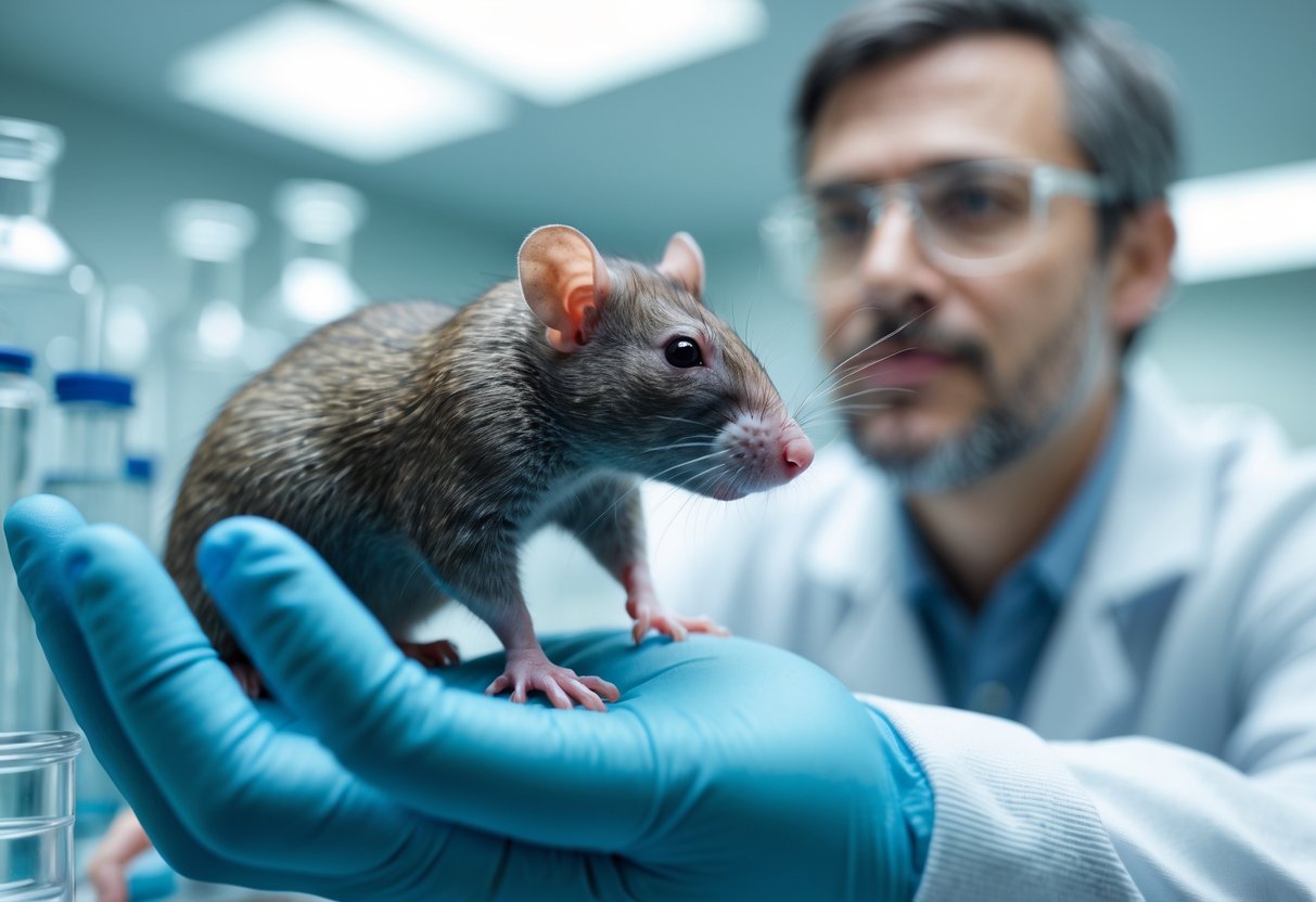 A rat sitting on a gloved hand in a laboratory, looking attentively towards a human face nearby.