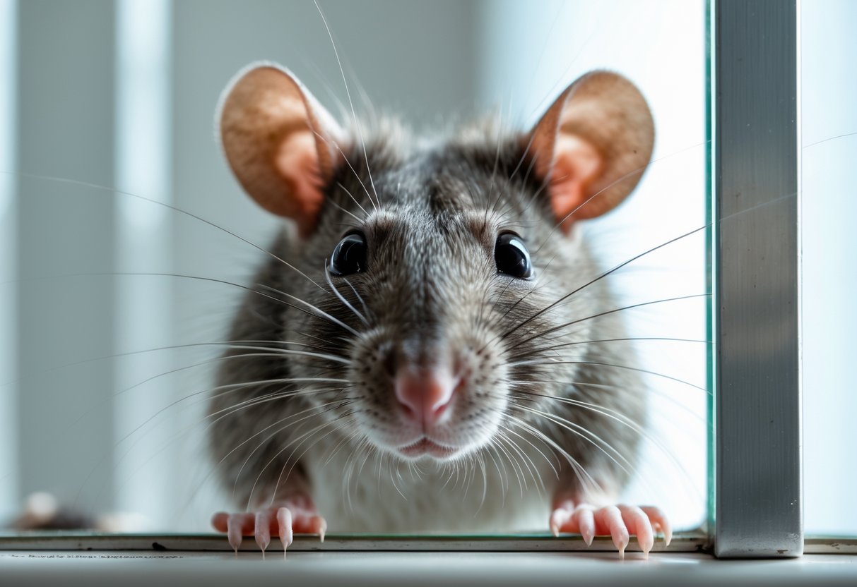 A close-up of a rat looking through a glass surface with focused eyes.