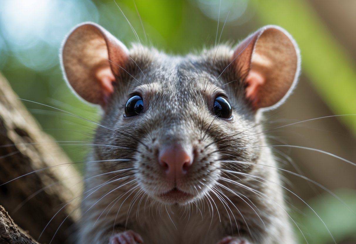 Close-up of a rat looking directly ahead with clear eyes in a natural outdoor setting.