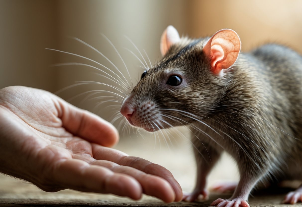 A rat attentively looking at a human hand showing subtle signs of nervousness in a softly lit indoor setting.