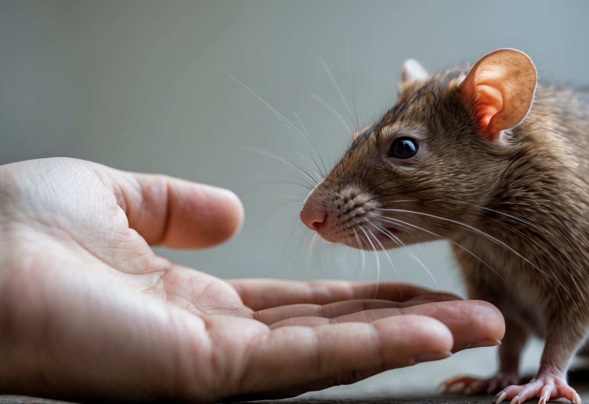 A brown rat sniffing near a human hand that looks slightly tense.