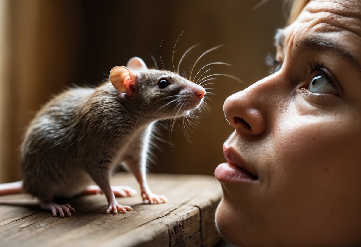 A close-up of a rat looking attentively at a human's face showing a subtle expression of concern.