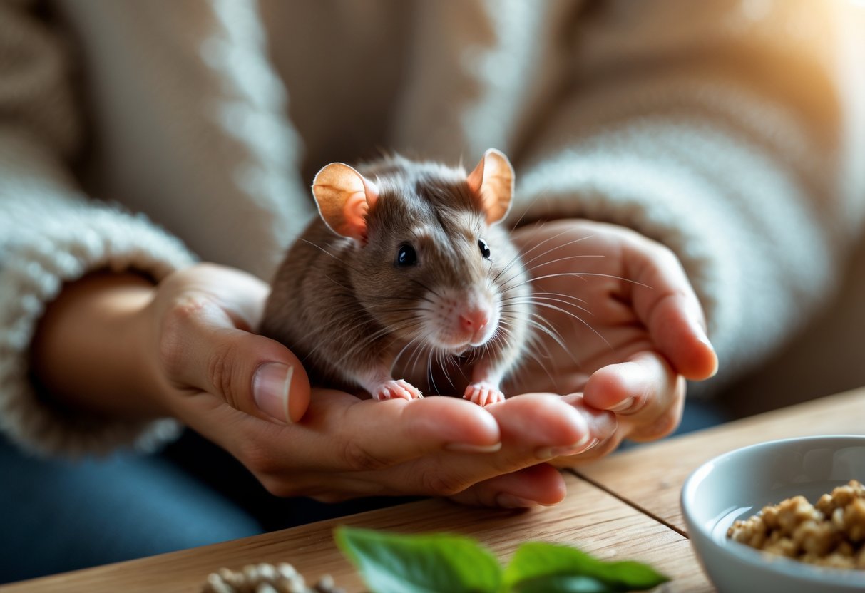 A person gently holding a calm brown rat in their hands indoors with soft natural lighting.