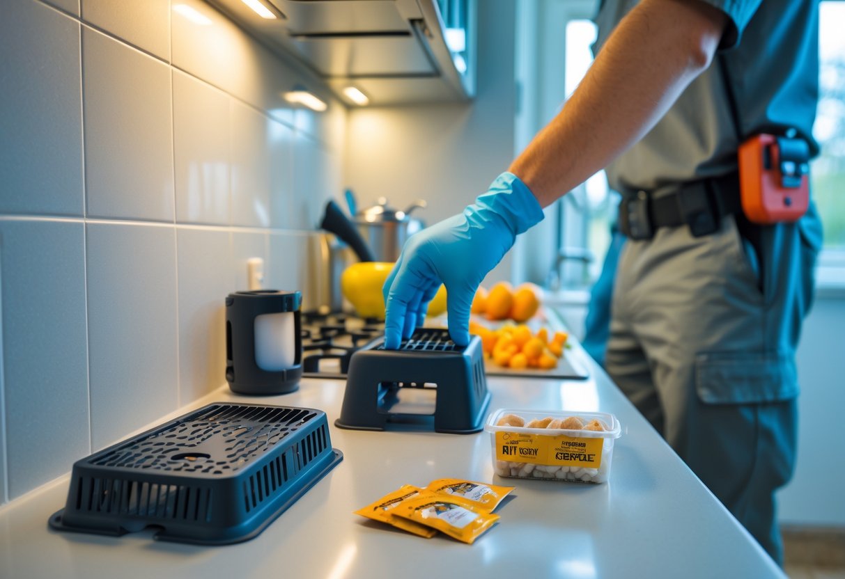 Person placing a humane rat trap in a kitchen while a pest control professional inspects the area.