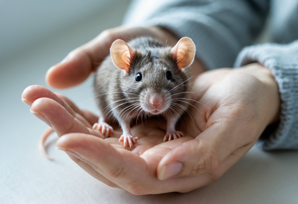 A person gently holding a small rat in their hand against a neutral background.