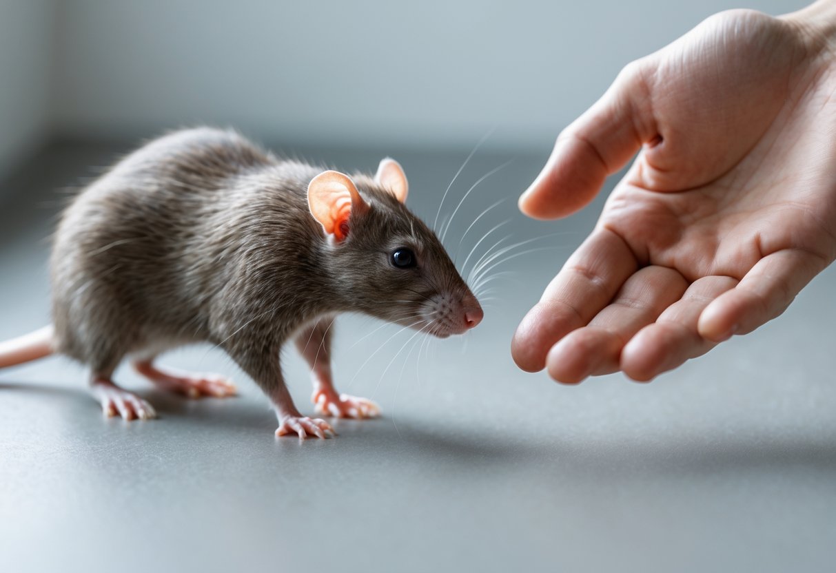 A rat cautiously approaching a human hand extended towards it indoors.