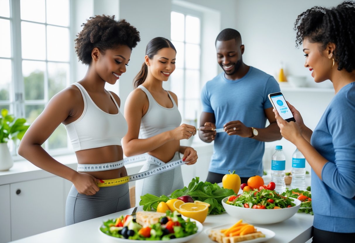 A diverse group of people engaged in healthy activities like measuring waist size, preparing balanced meals, and using a health app in a bright, modern kitchen.
