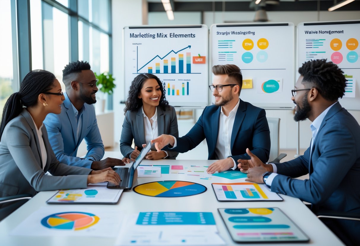 A group of four professionals collaborating around a conference table with charts and digital devices in a bright office.